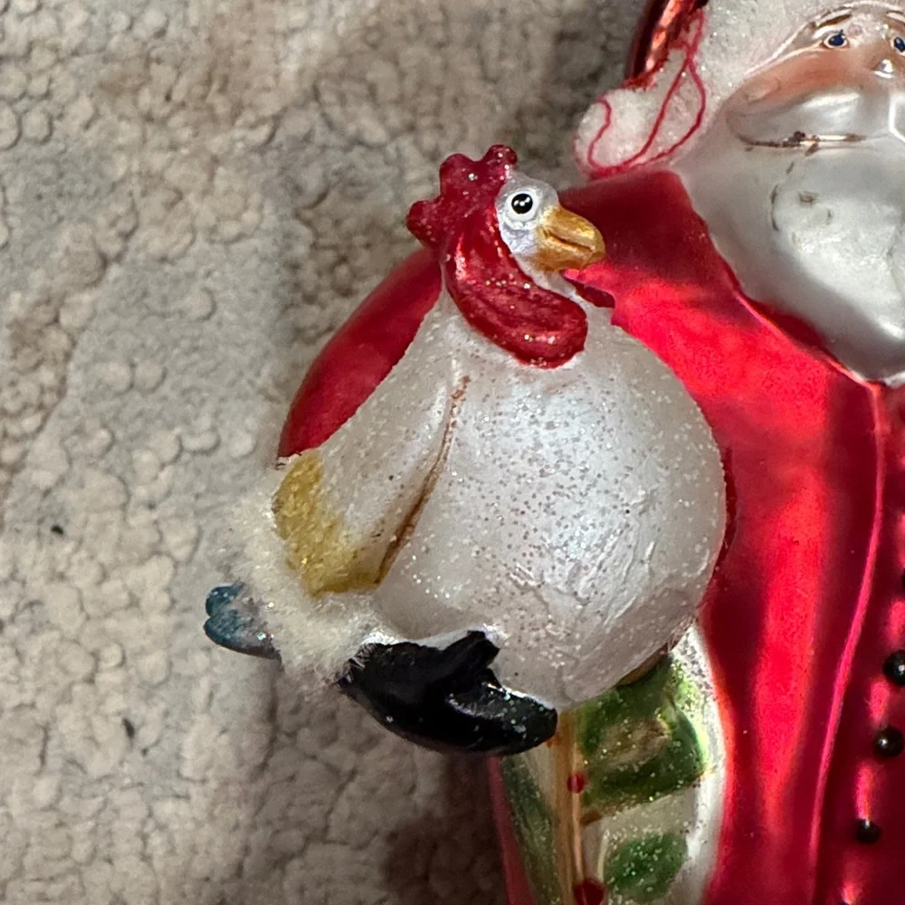🎅 🐓 Vintage Santa Holding Chickens Glass Christmas Ornament Large 6.5